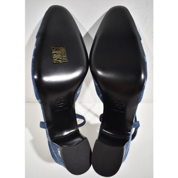 Chanel 23B Coco Sling Dark Blue Denim White CC Logo Slingback Block Heel 39 - Picture 12 of 12